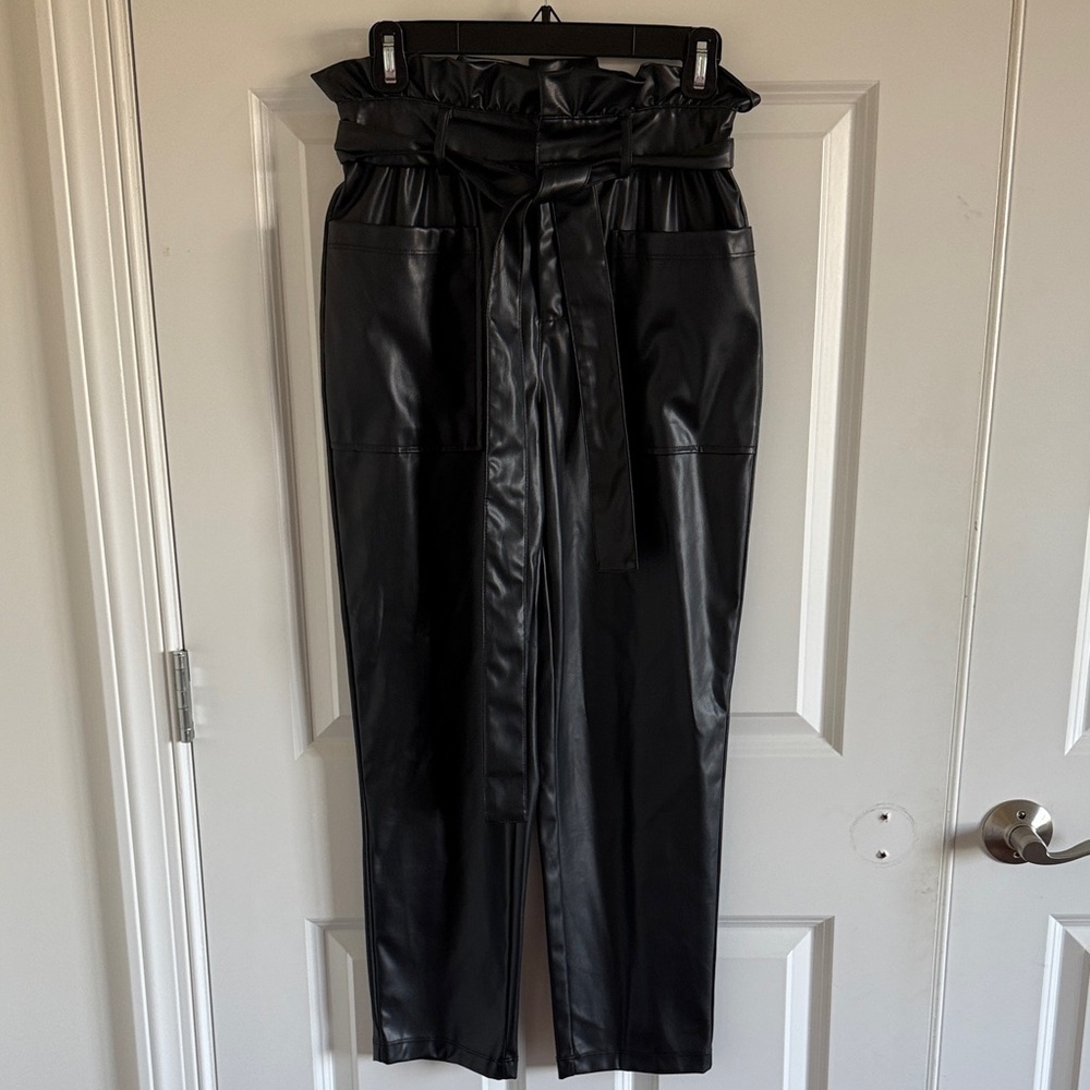 Who What Wear Women Black High Rise Faux Leather Belted Paperbag Trouser Pants 2
